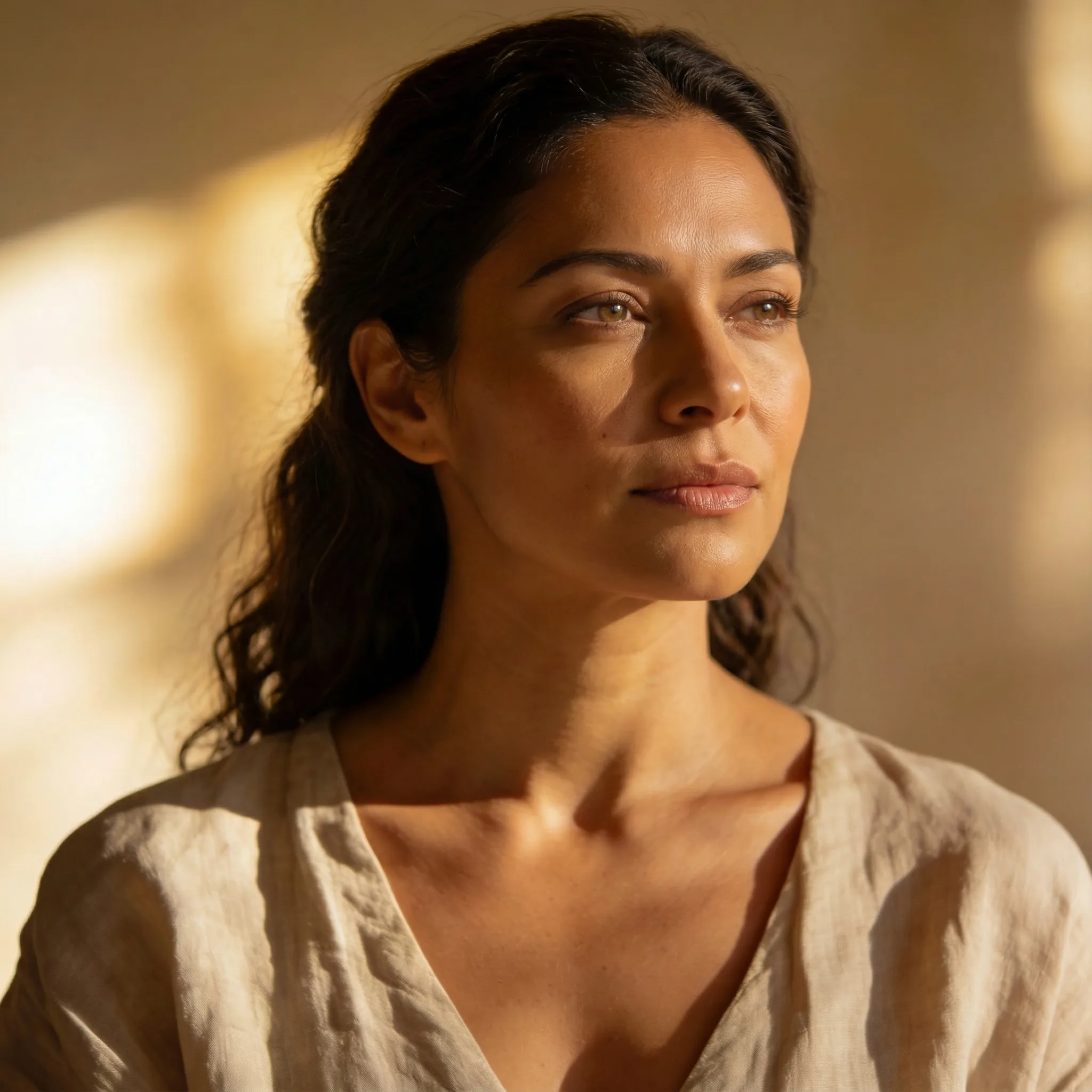 Close-up of a thoughtful woman with dark hair looking to the side in warm natural light.