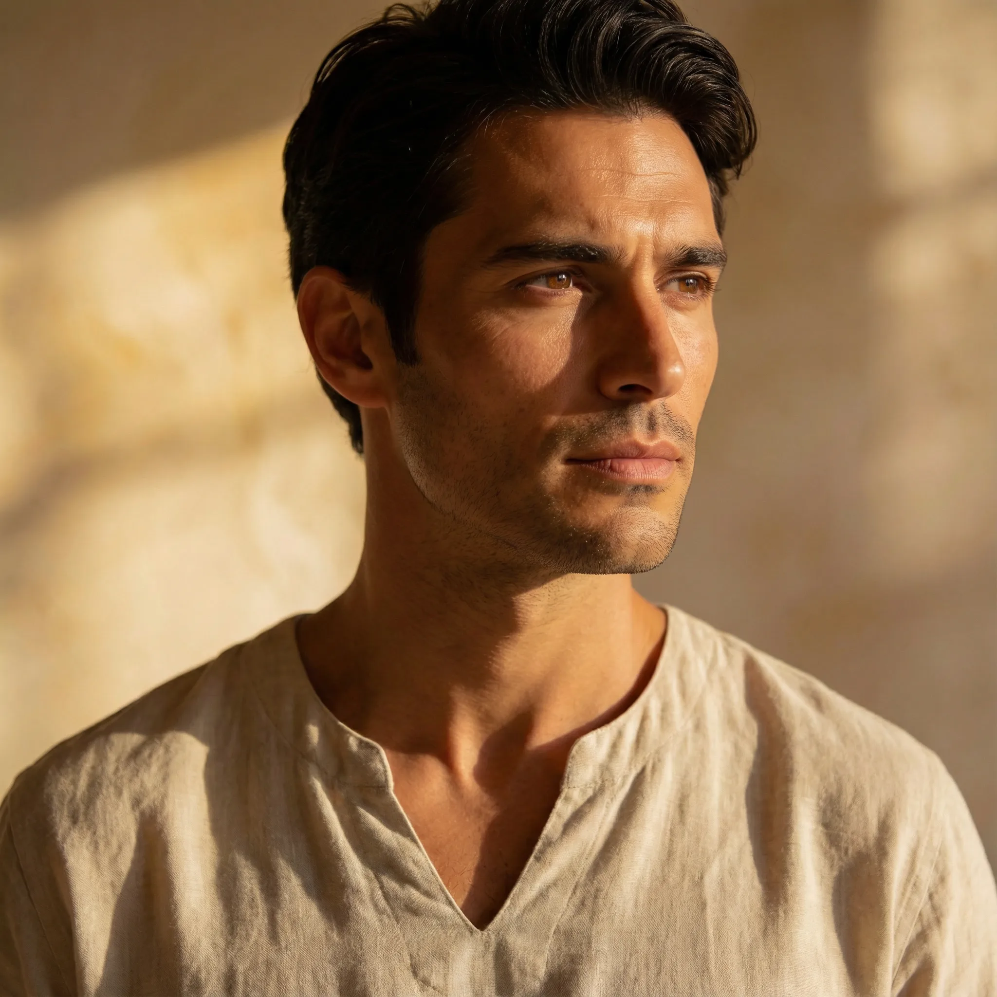Portrait of a man with dark hair wearing a beige shirt, gazing thoughtfully to the side in warm natural light.