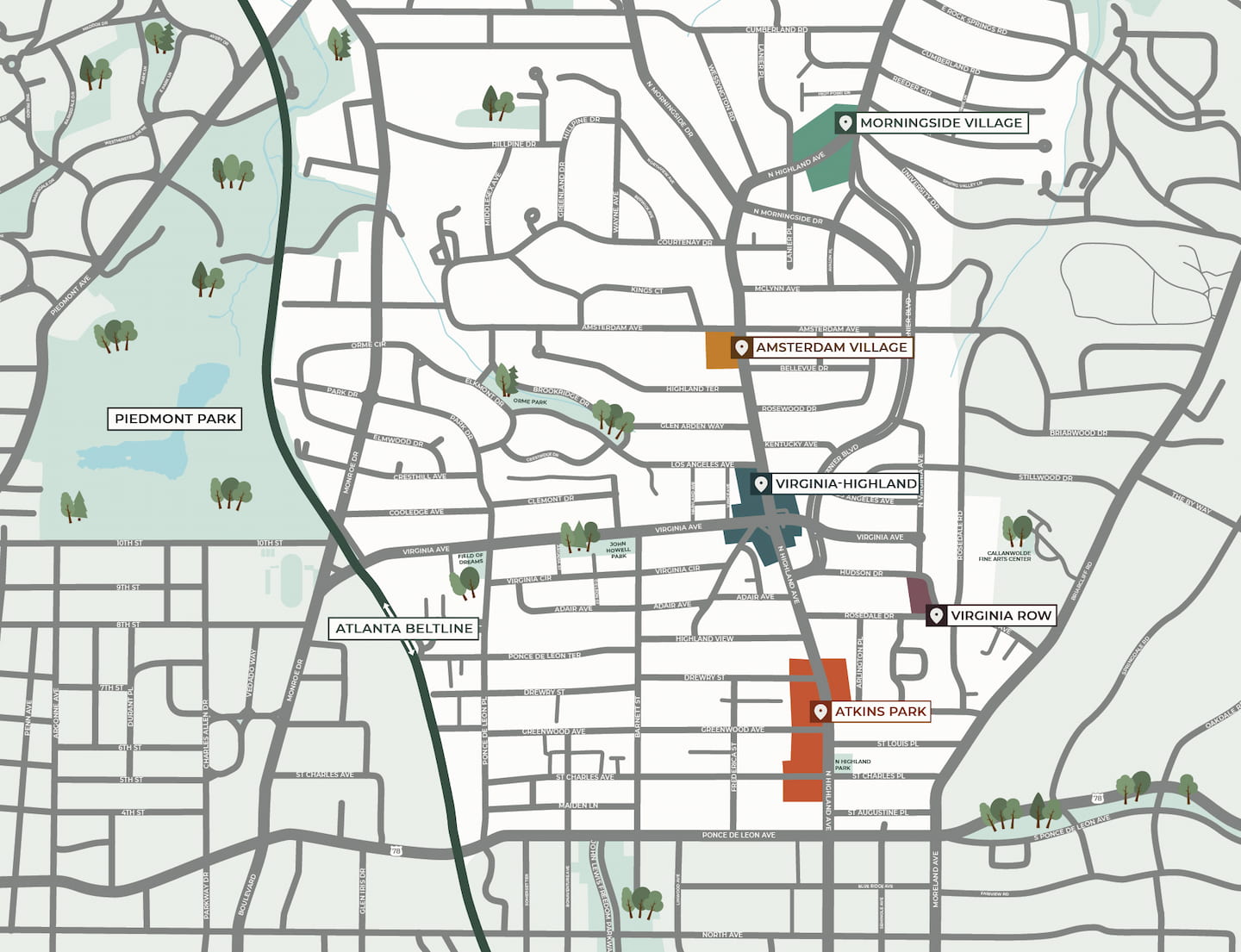 Map of the Virginia-Highland district marking its five neighborhoods — Morningside Village, Amsterdam Village, Virginia-Highland, Virginia Row, and Atkins Park — along North Highland Avenue, shown in relation to Piedmont Park and the Atlanta BeltLine.