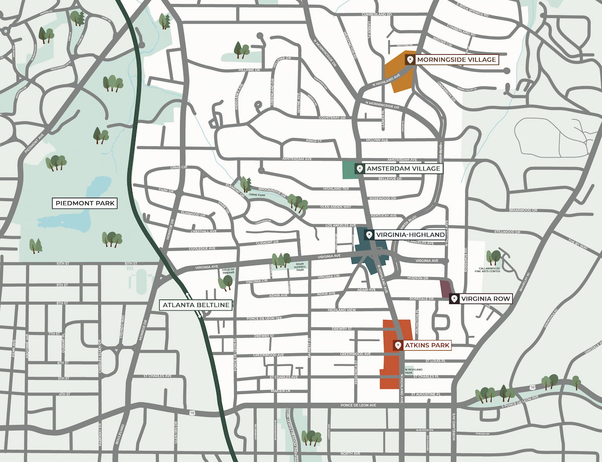 Map of the Virginia-Highland district marking its five neighborhoods — Morningside Village, Amsterdam Village, Virginia-Highland, Virginia Row, and Atkins Park — along North Highland Avenue, shown in relation to Piedmont Park and the Atlanta BeltLine.