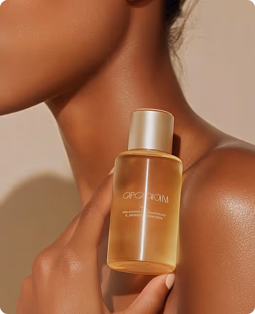 Close-up of a person holding a translucent amber bottle with a gold cap near their neck and shoulder against a beige background.