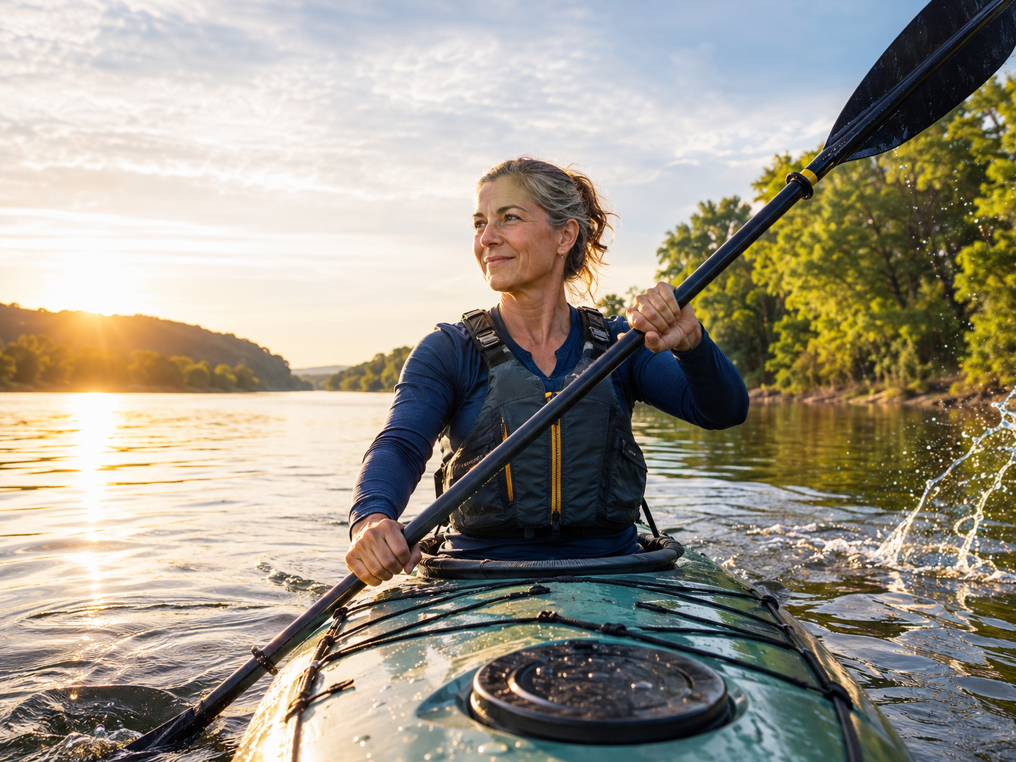 A strong, confident woman kayaking on a sunlit river.