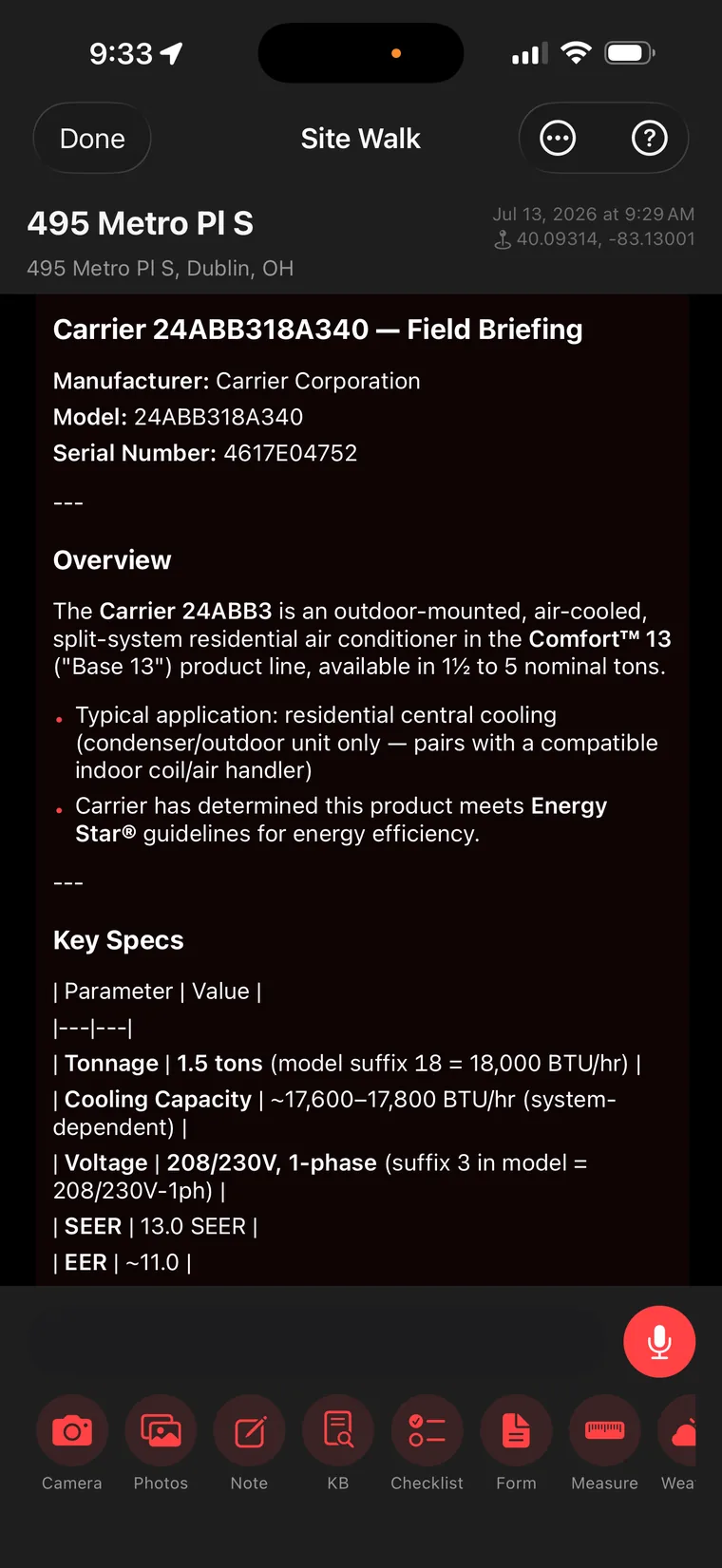 Smart Scope Site Walk screen showing a field briefing with full equipment specs captured on site