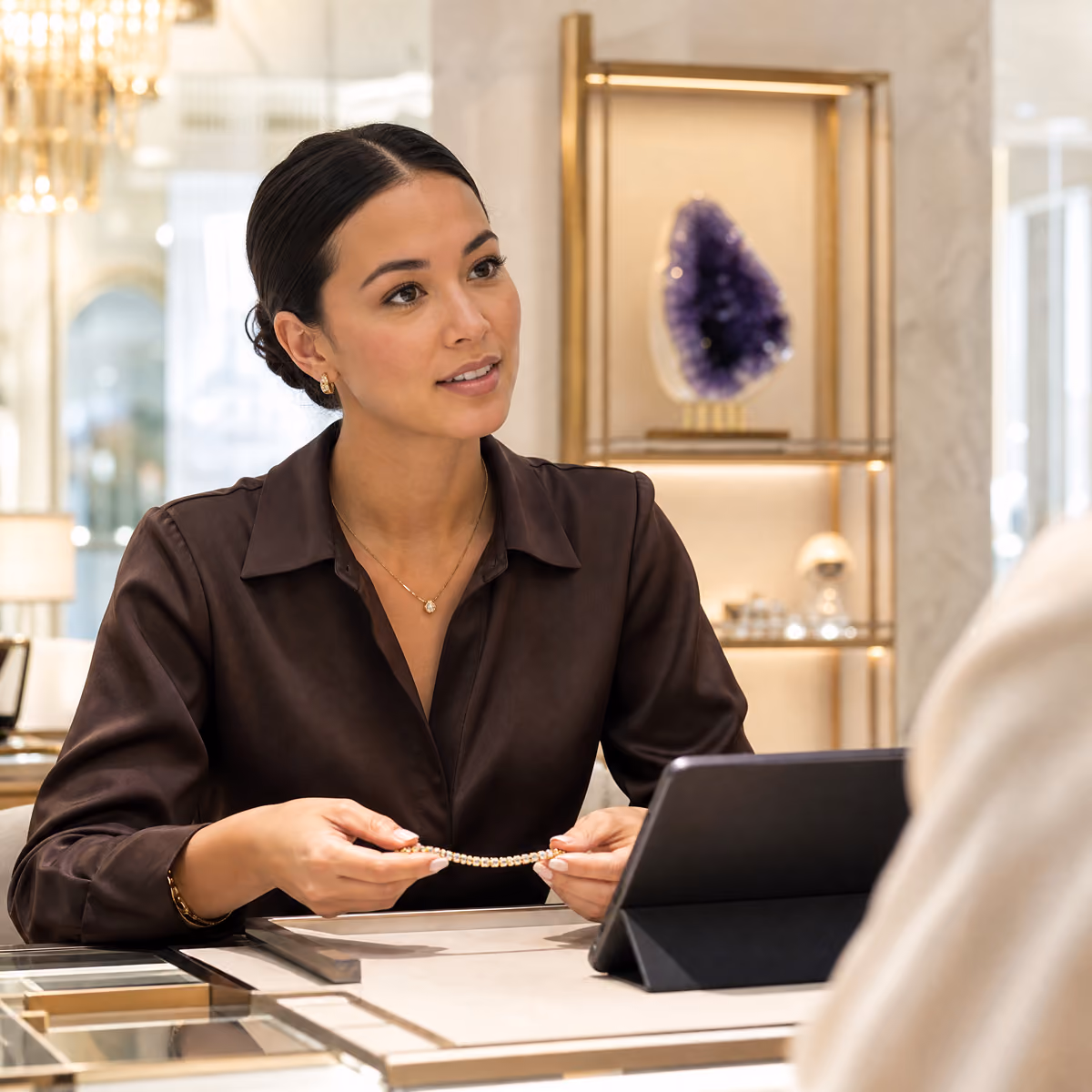 A jewelry store employee taking a piece in for service
