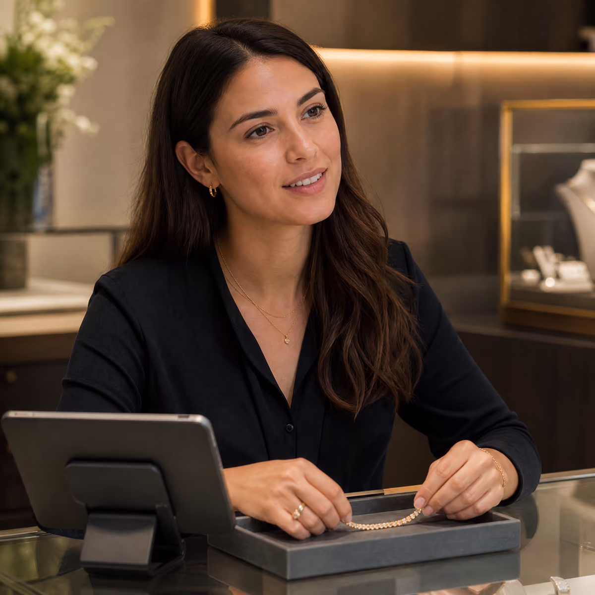 A woman with long dark hair and gold jewelry on her ears, neck, and hands, sitting behind a glass counter in a jewelry store, taking in a tennis bracelet for a customer
