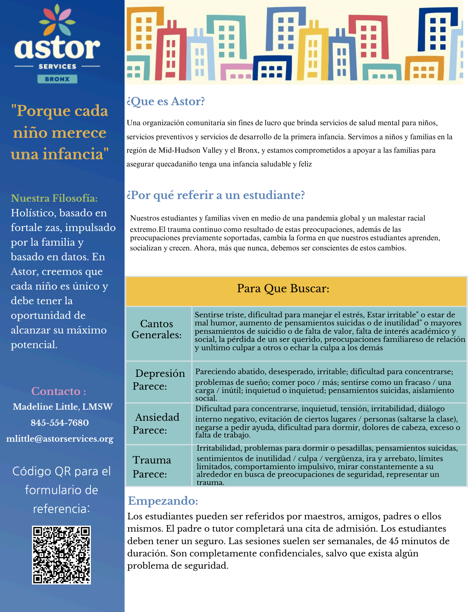 Astor Services Bronx Spanish flyer about student mental health referrals
