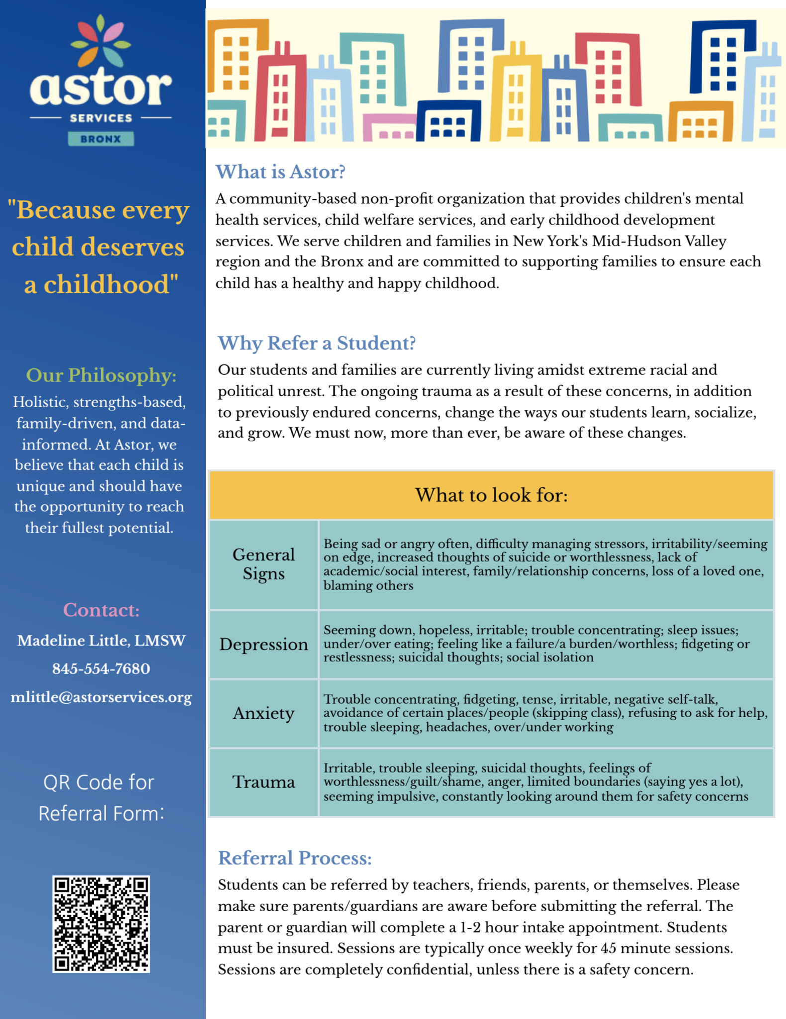 Astor Services Bronx student mental health referral information flyer