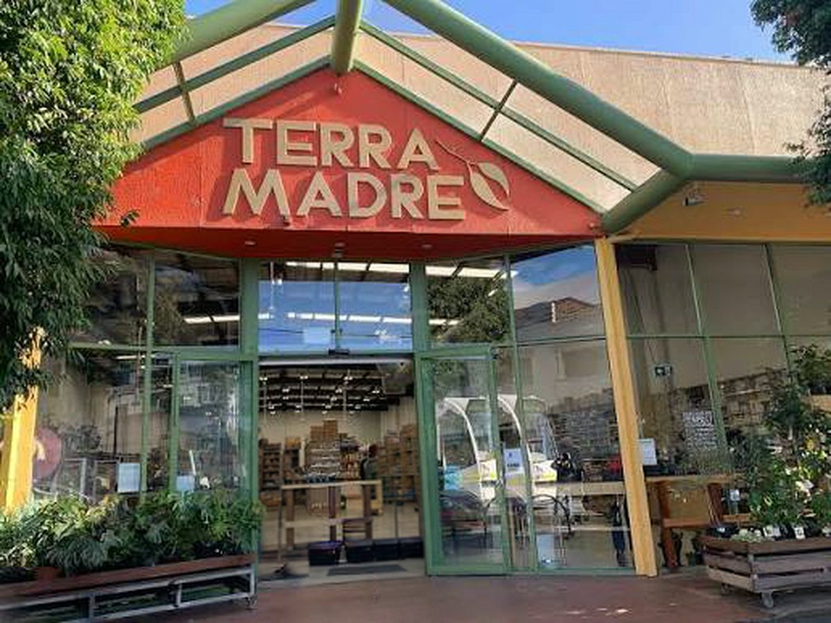 The Brunswick shopfront on Sydney Rd — the TERRA MADRE sign on a red awning under a green steel canopy, with the glass frontage and planters below.
