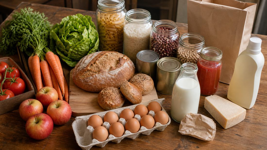 A grocery counter laid with the week's shopping — produce, bread, eggs and cheese, jars of pasta and rice, and cleaning liquid at one edge.