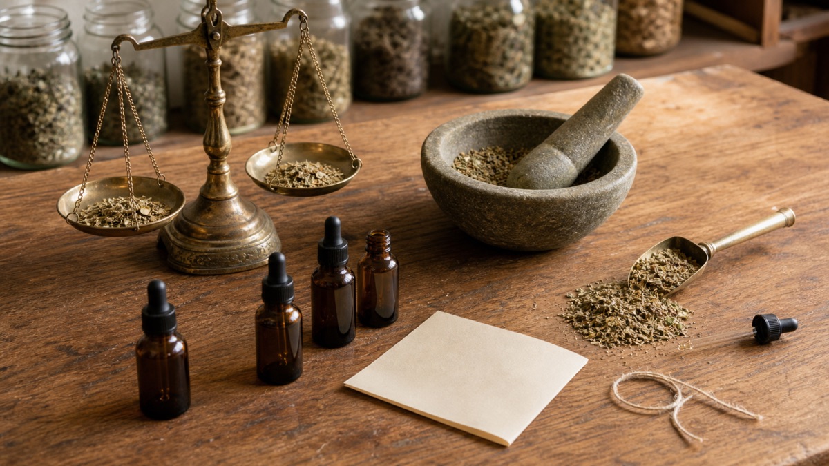 A dispensing bench with a brass balance scale, a mortar and pestle, amber dropper bottles and loose dried herbs, with jars of herbs behind.