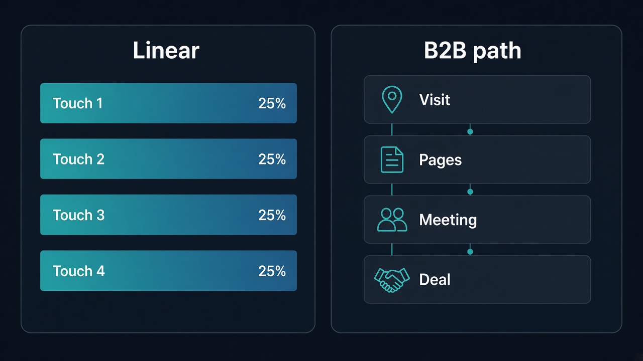 Linear attribution vs B2B attribution: Linear equal 25 percent bars versus B2B Visit Pages Meeting Deal path