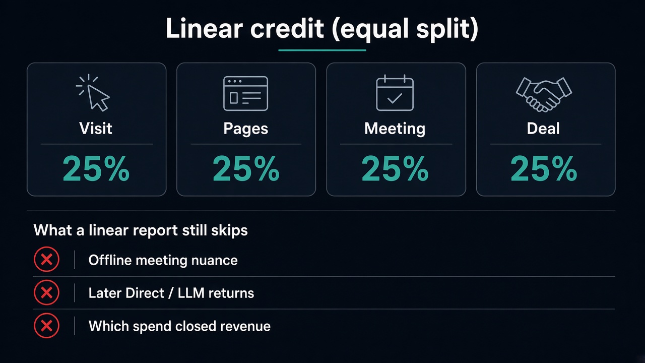 Linear attribution vs B2B attribution: equal 25 percent credit on Visit Pages Meeting Deal while offline Direct LLM and closed-revenue spend sit outside the linear report