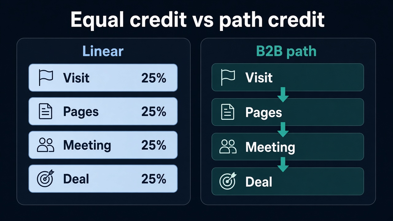 Linear attribution vs B2B attribution: equal 25 percent credit on each touch versus Visit Pages Meeting Deal path credit