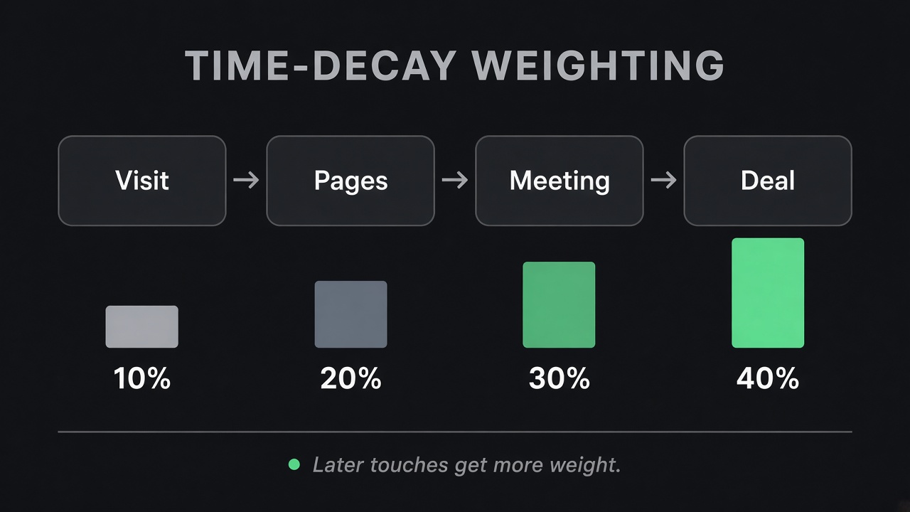 Time-decay attribution vs B2B attribution: Visit Pages Meeting Deal with rising credit weights toward Deal under a time-decay model