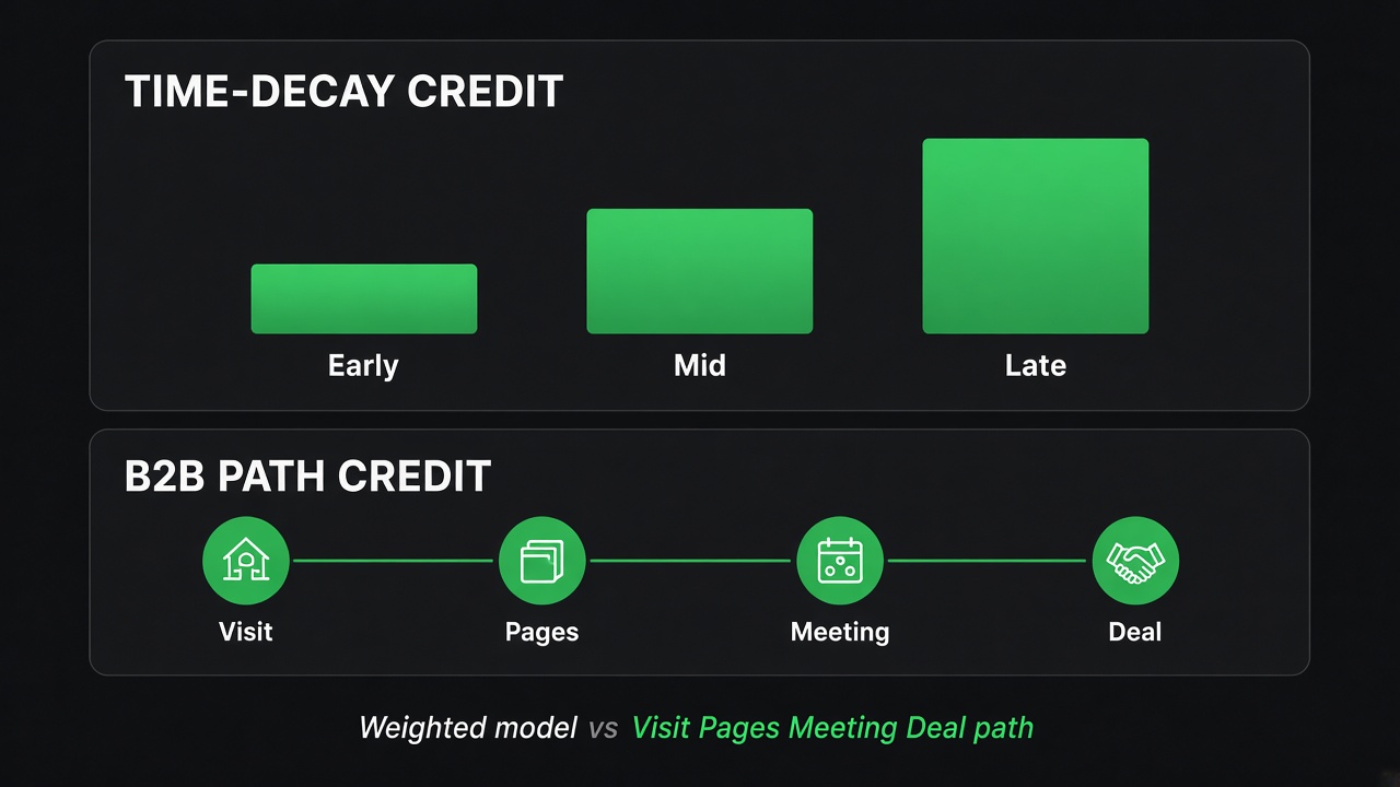 Time-decay attribution vs B2B attribution: rising Early Mid Late credit bars versus Visit Pages Meeting Deal path credit