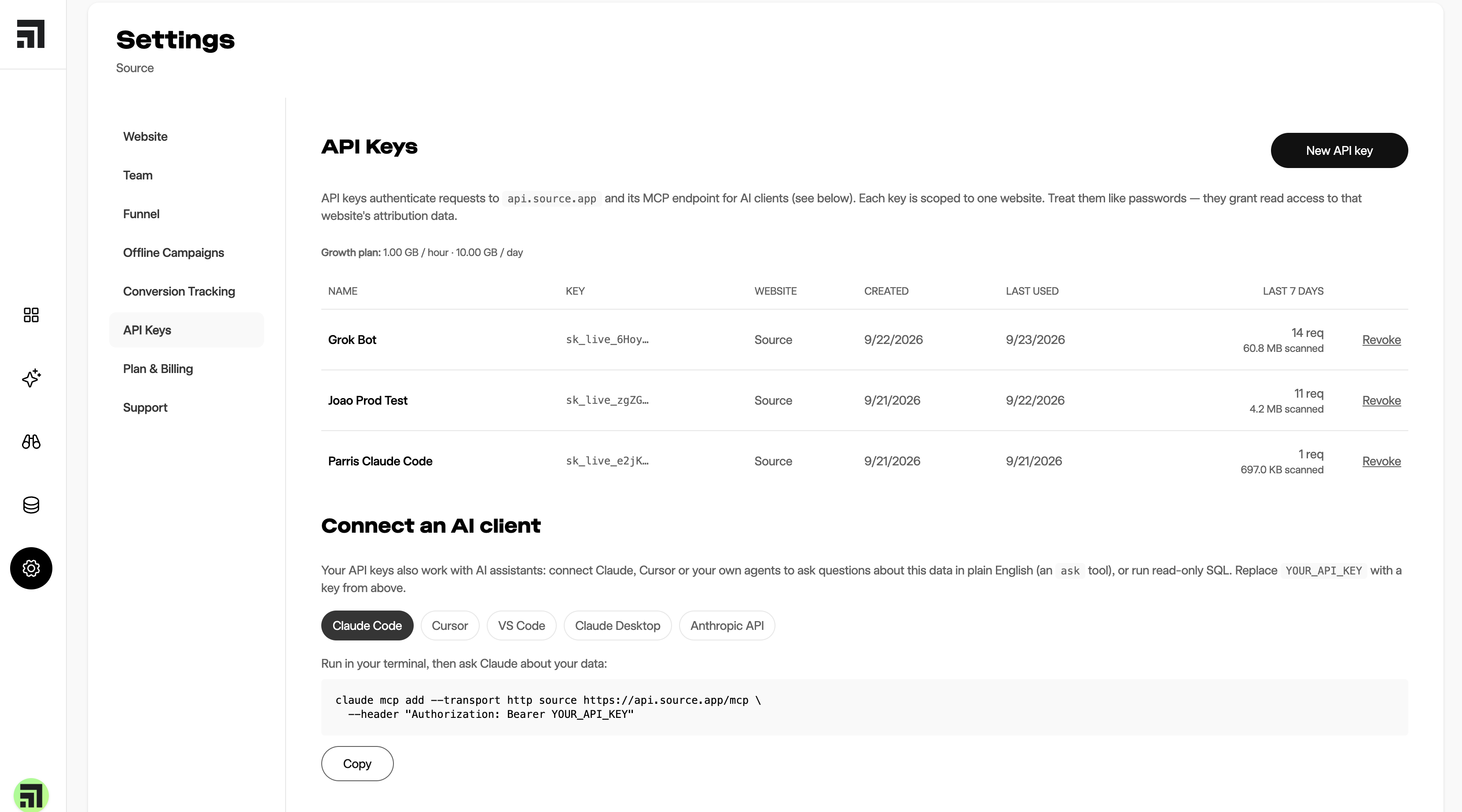 Source Settings API keys Connect an AI client panel