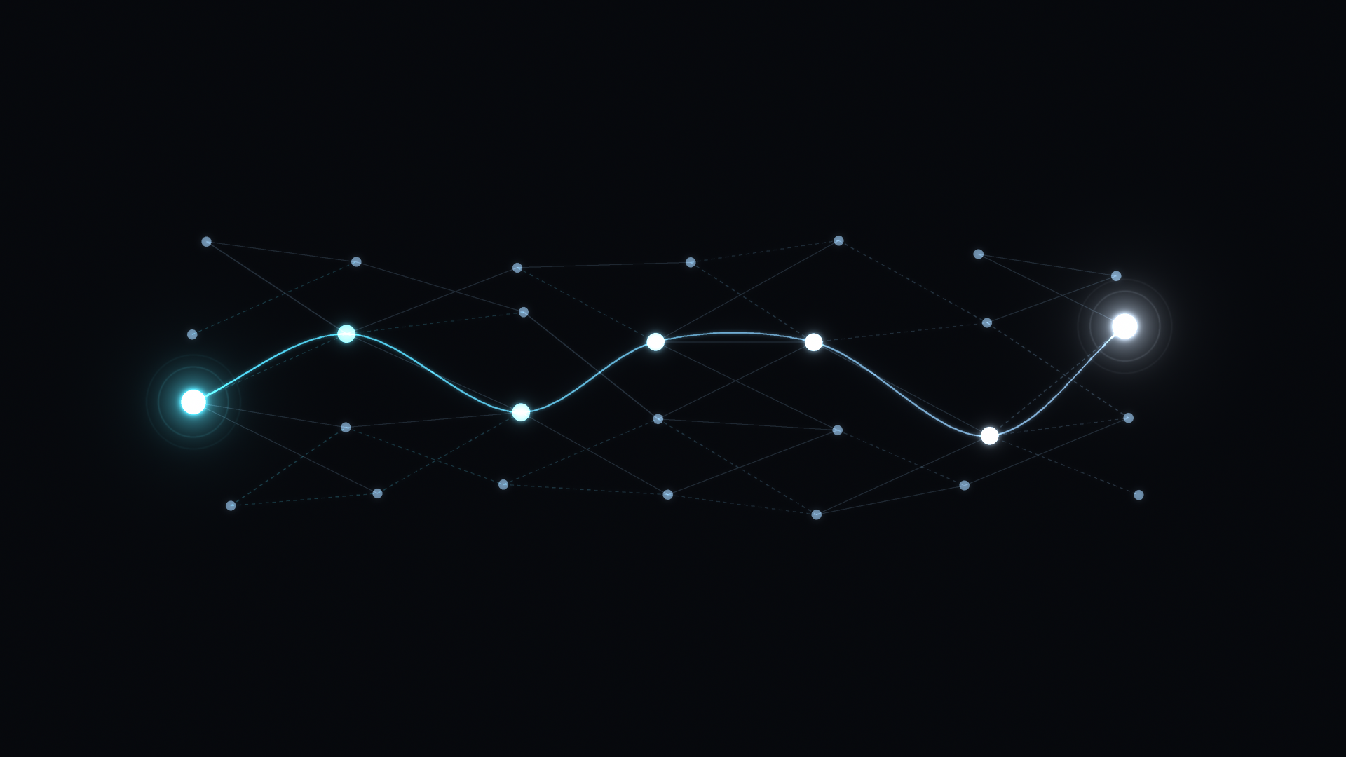 What data-driven attribution can and can't see: a faint mesh of muted network nodes, partly hidden in dashes, with one glowing route picked out through it