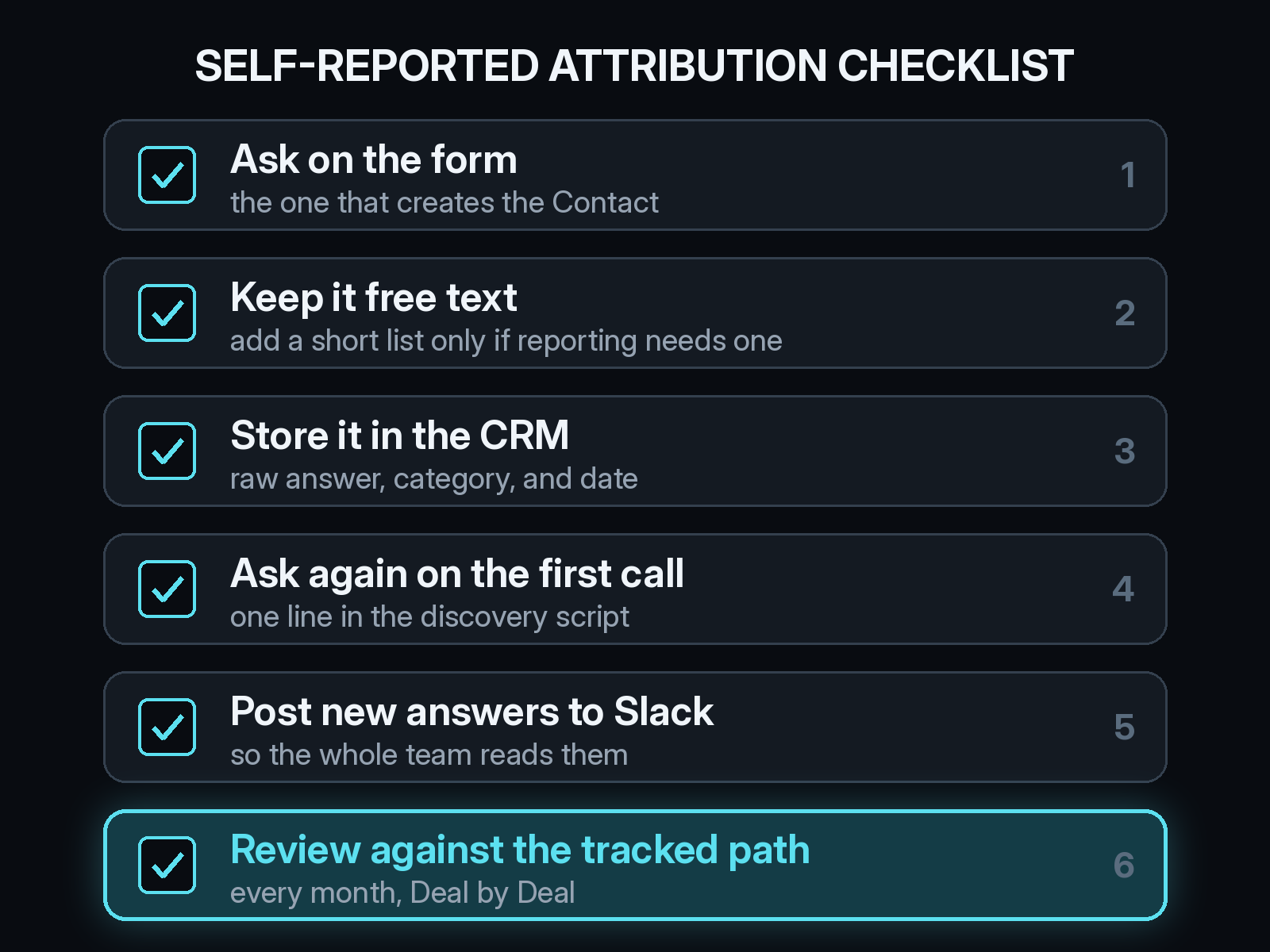 Self-reported attribution checklist in six steps: ask on the form that creates the Contact, keep the answer free text, store the raw answer, category, and date in the CRM, ask again on the first sales call, post new answers to Slack, and review the answers against the tracked path every month