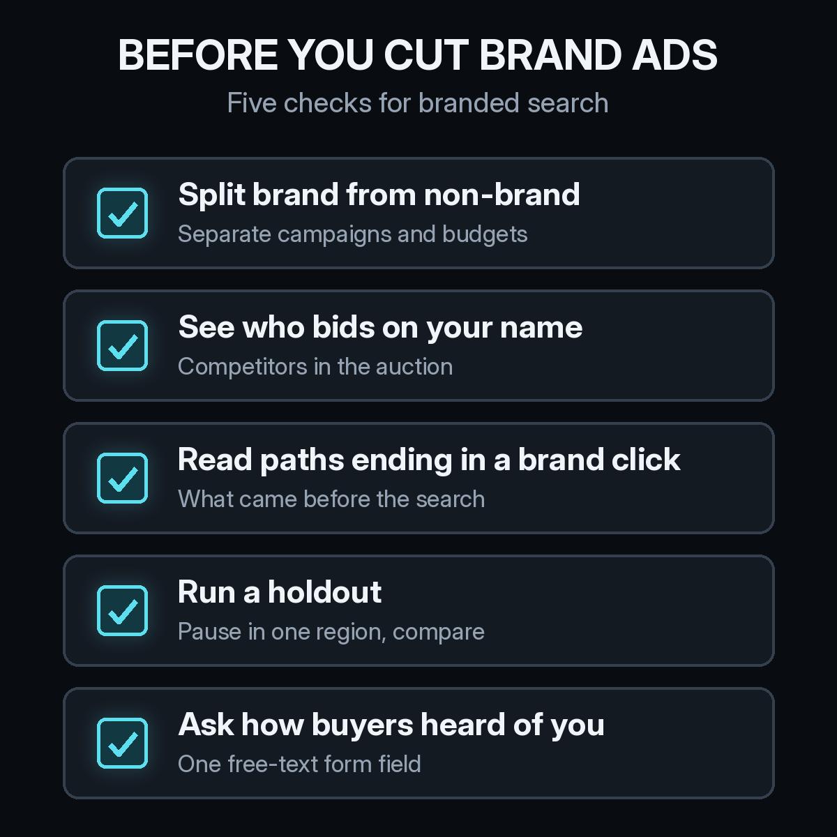 Branded search attribution checklist with five checks before cutting brand ads: split brand from non-brand, see who bids on your name, read paths ending in a brand click, run a holdout, and ask how buyers heard of you