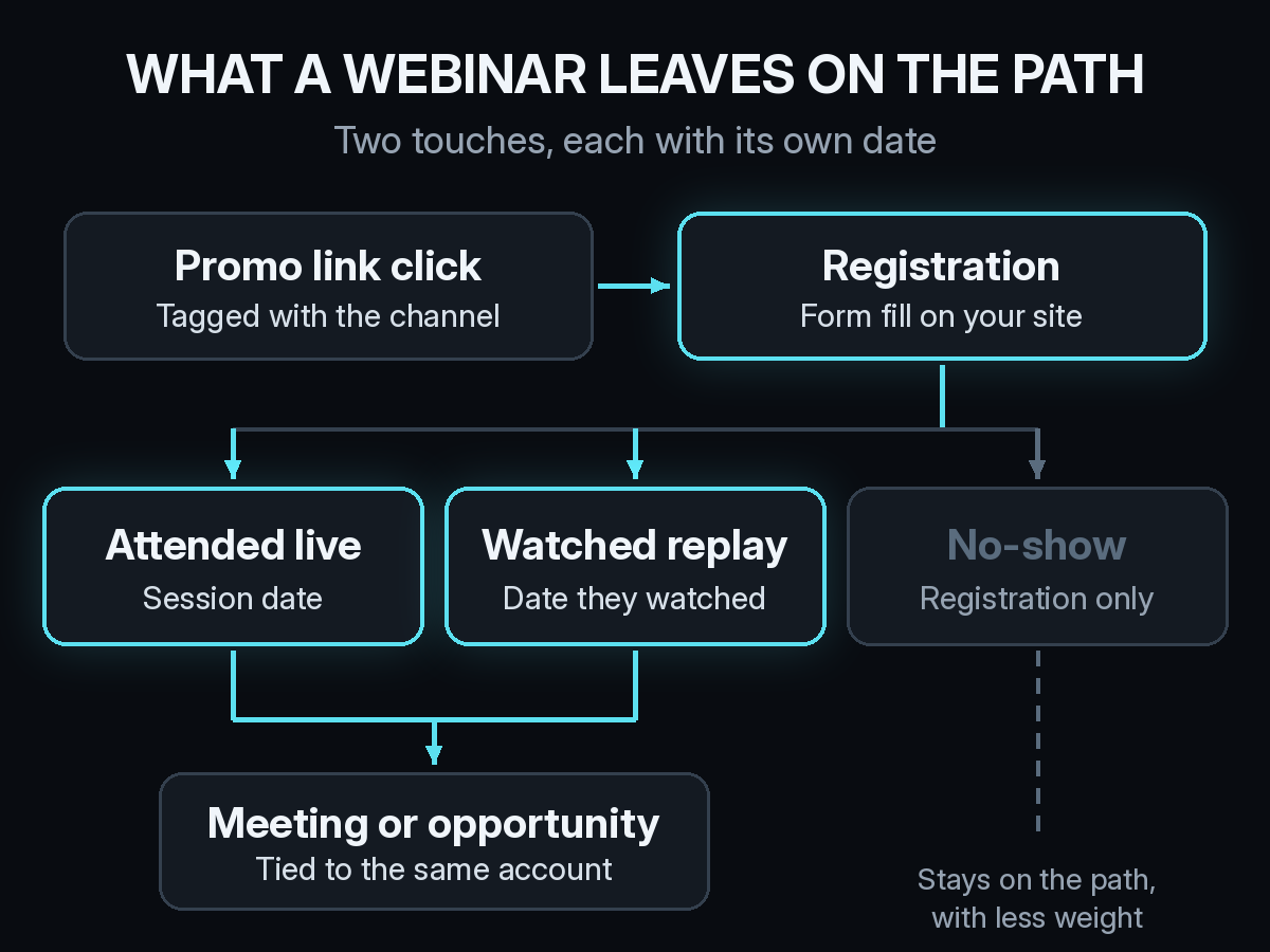 Webinar attribution diagram for B2B: a tagged promo link click leads to a registration on your own site, which branches into attended live, watched replay, or no-show, and attended or replay touches connect to a meeting or opportunity on the same account