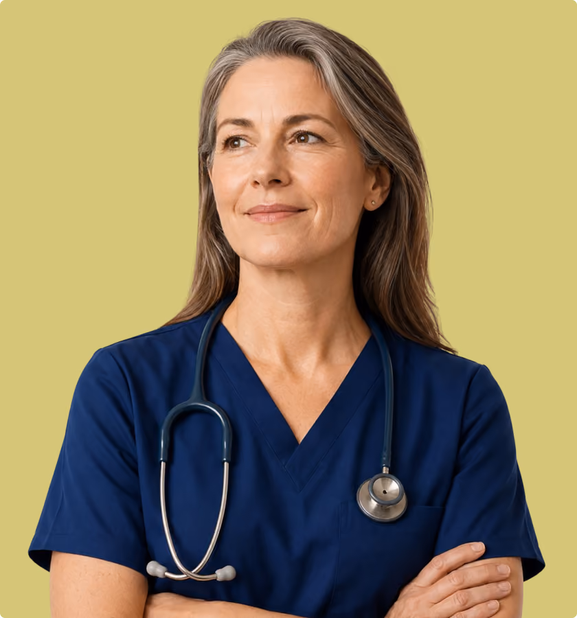 Confident middle-aged female healthcare professional in navy scrubs with stethoscope on a yellow background.