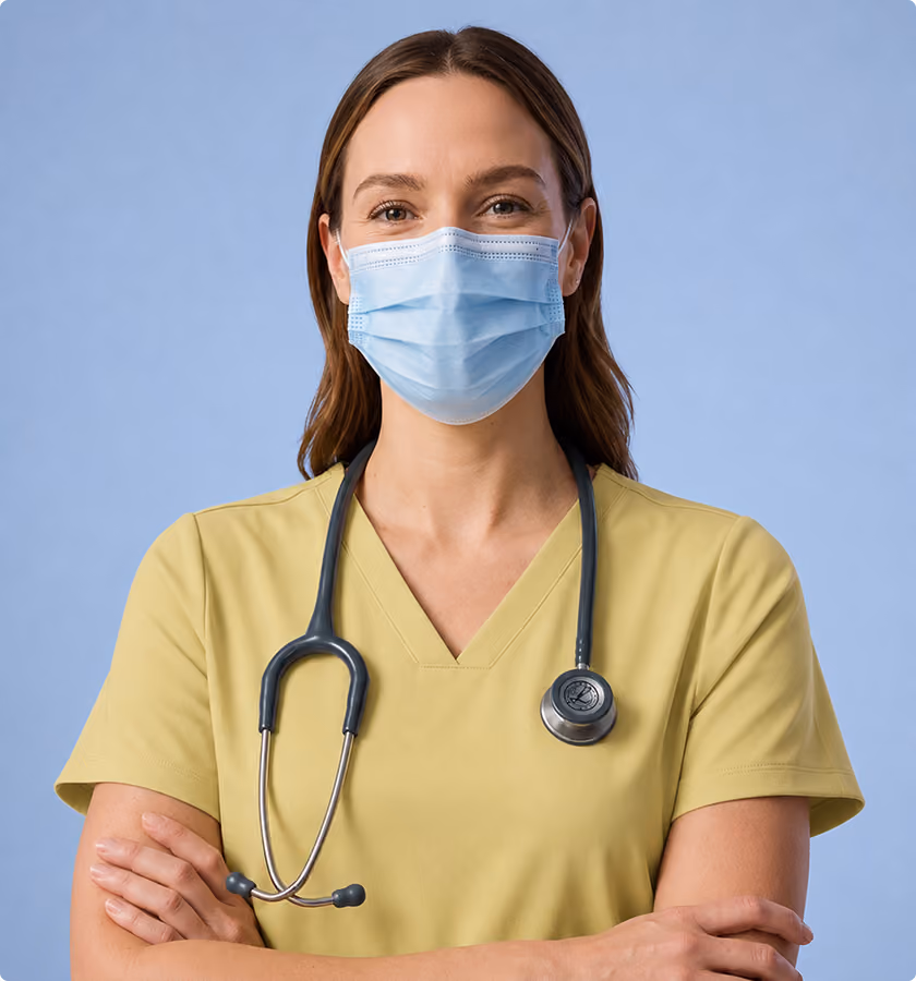 Smiling female healthcare worker in yellow scrubs and mask with stethoscope around her neck.