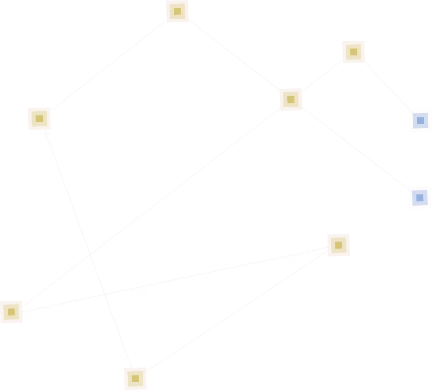 Network diagram with beige and blue squares connected by thin lines on a black background.
