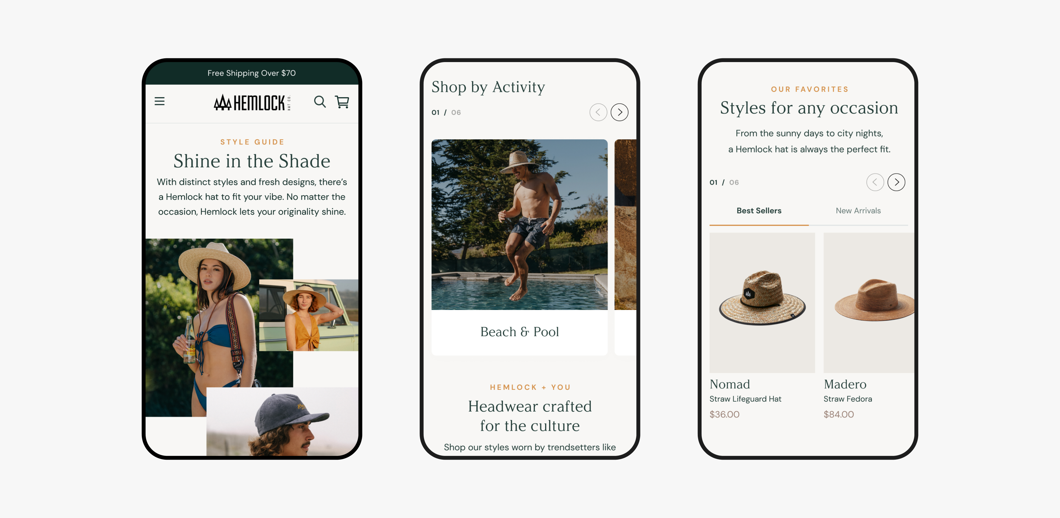 Hemlock Hat Co. mobile product screens