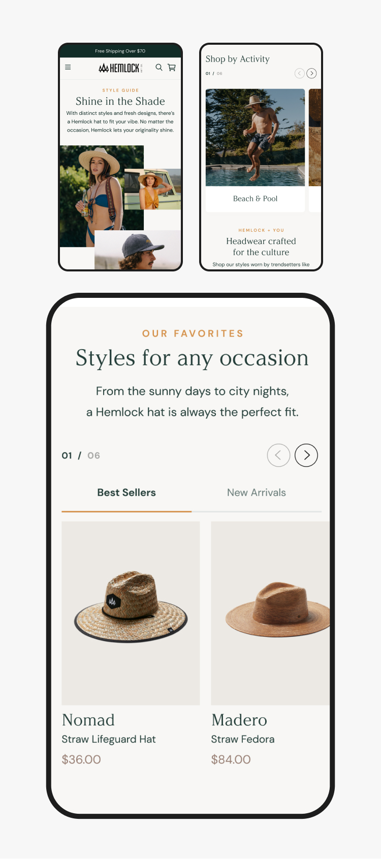 Hemlock Hat Co. mobile product screens