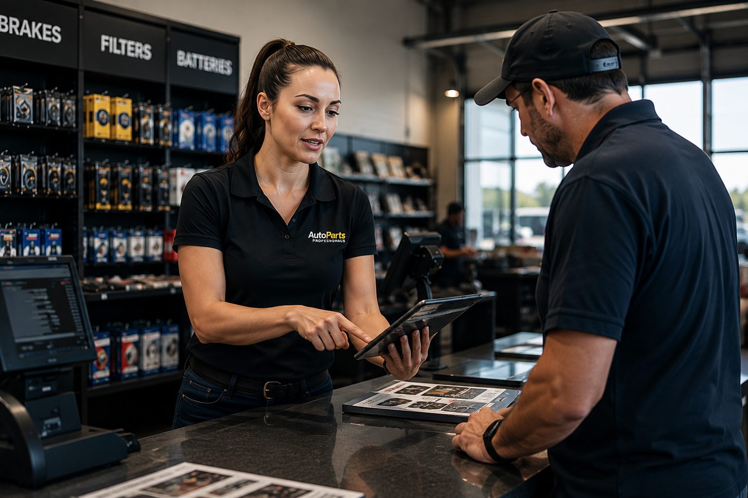 Parts-counter associate showing information on a tablet to a customer at an auto-parts store