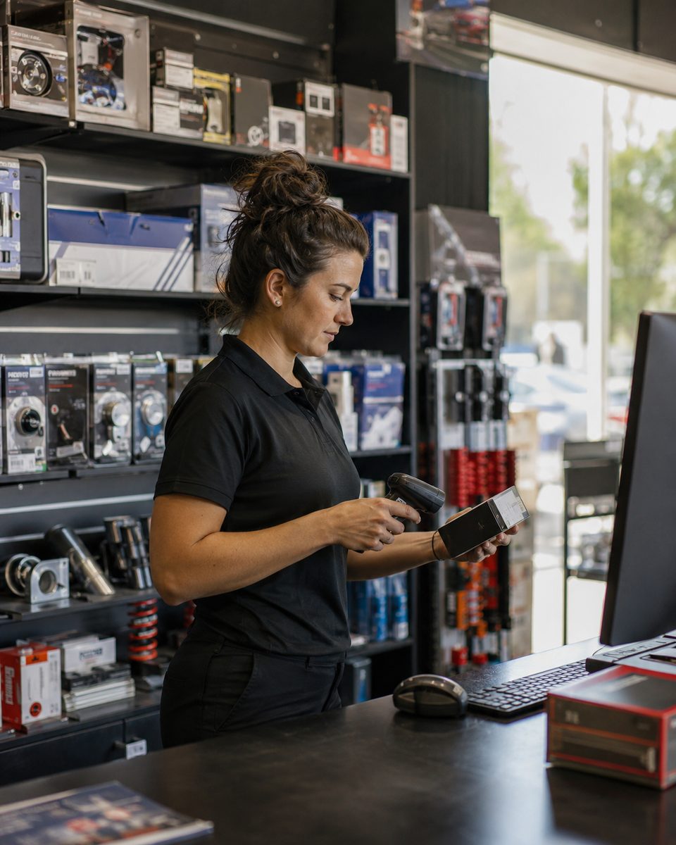 Parts counter staff scanning an automotive part in front of racked inventory