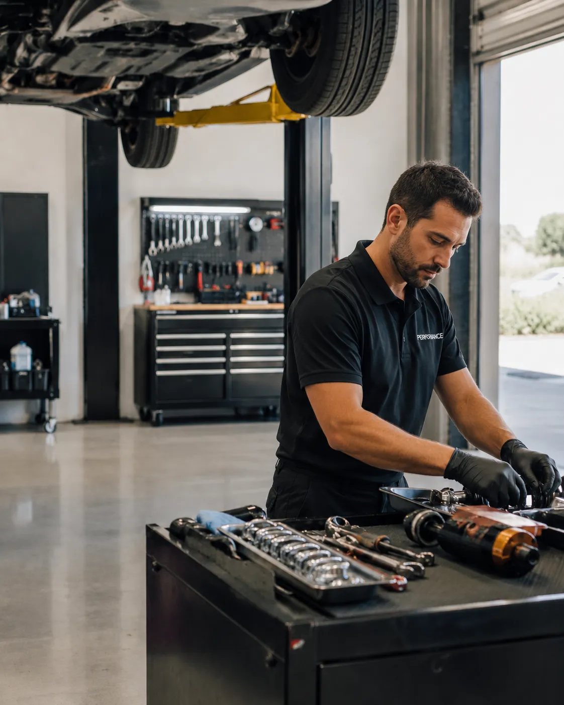 Technician rolling a tire on a clean tire and quick-lube service floor