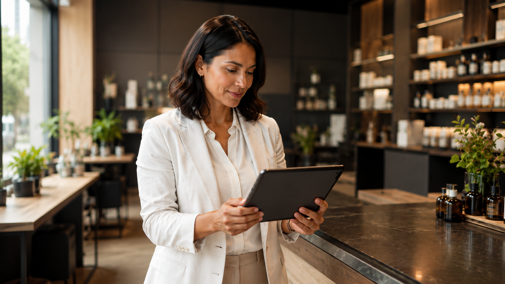 A composed business owner reviewing a simple customer-insights dashboard on a tablet at their counter