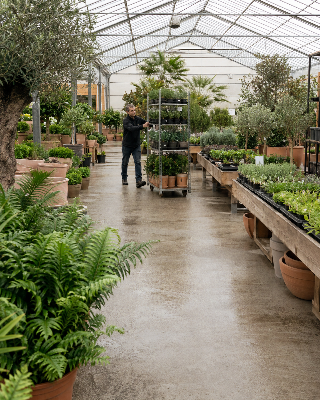 An independent garden centre in mid-morning trade, the owner moving a loaded stock trolley down an aisle of potted plants