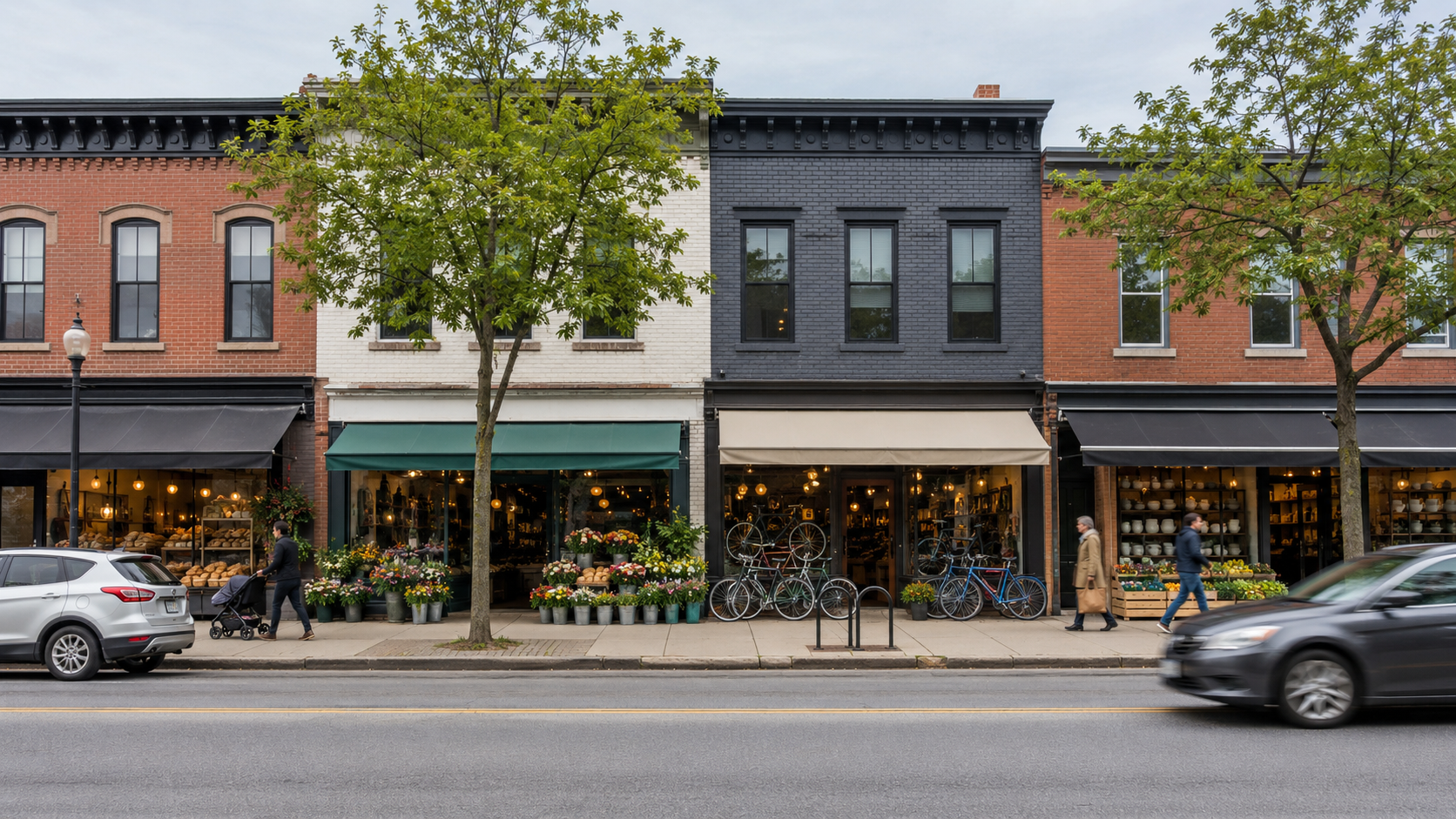 A block of independent shops trading on the main street of a small Canadian city.