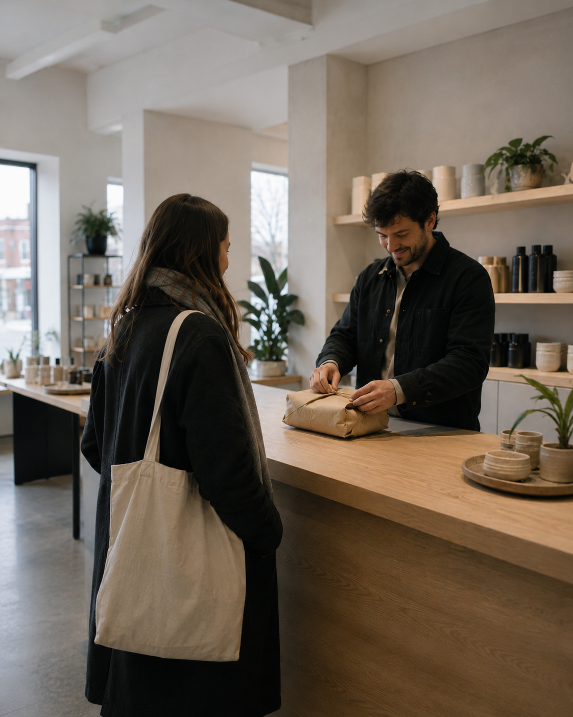 A customer at a shop counter receiving a paper-wrapped parcel from the owner.