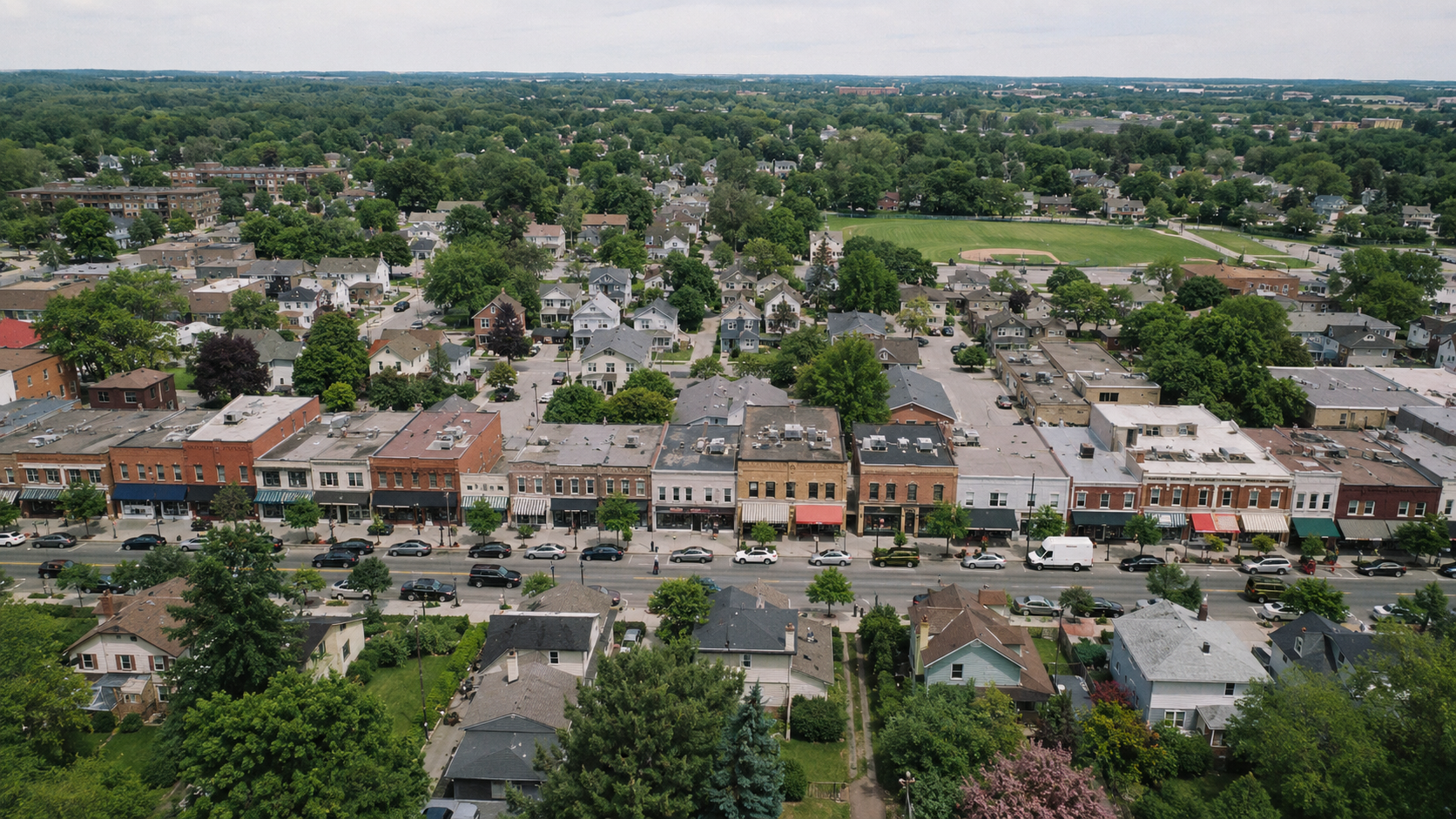 A small Canadian city seen from above its rooflines and commercial main street.