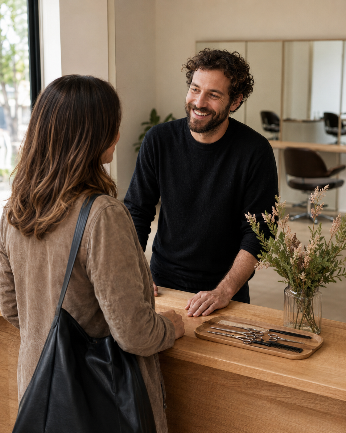 A business owner greeting a returning customer at the counter