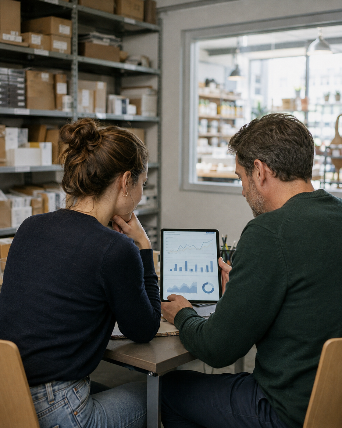 Two independent business owners sitting side by side in a shop back office, leaning in together over a tablet showing a sales dashboard