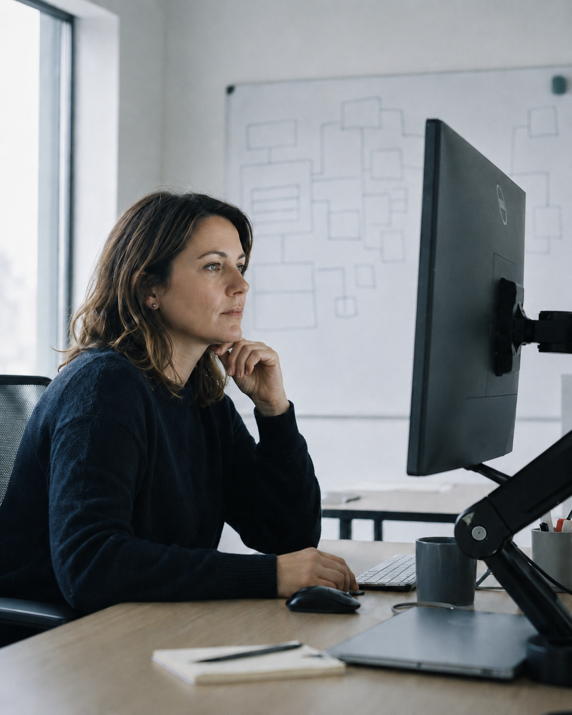 A product lead at a software company reviewing work on a desktop monitor, a whiteboard of system diagrams behind her