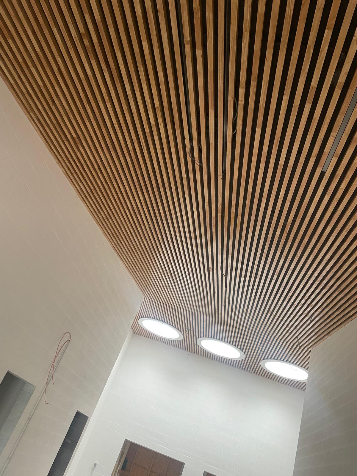 Plafond en hévéa de la salle polyvalente à Beyne-Heusay avec éléments circulaires de toiture