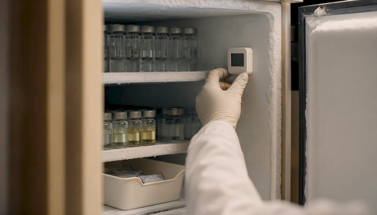 Static lab freezer door open with peptide vials