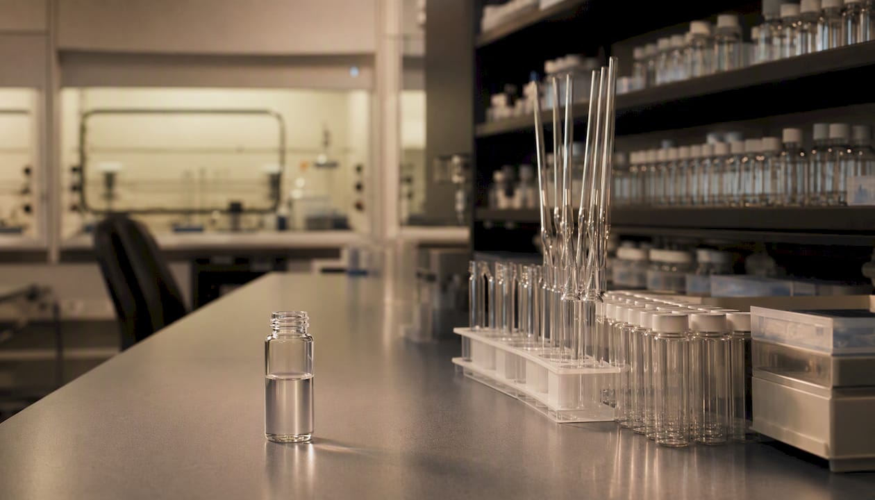 Peptide sample vial beside HPLC syringe and tray