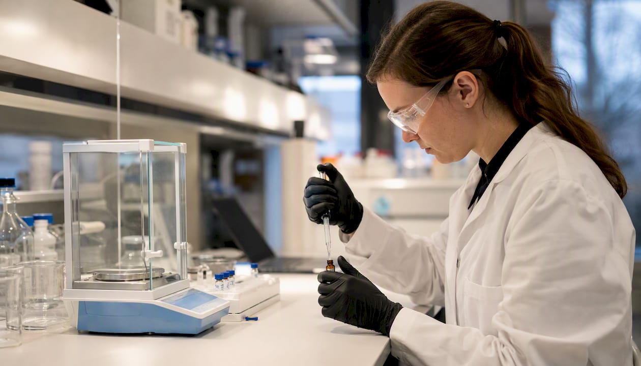 Chemist pipetting peptide sample into vial