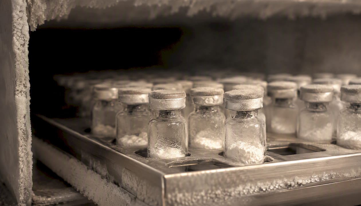 Lyophilized peptide vials in a -80°C freezer