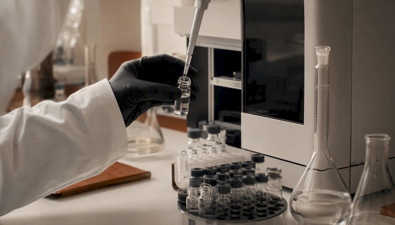 Gloved hand aliquoting peptide solution in lab