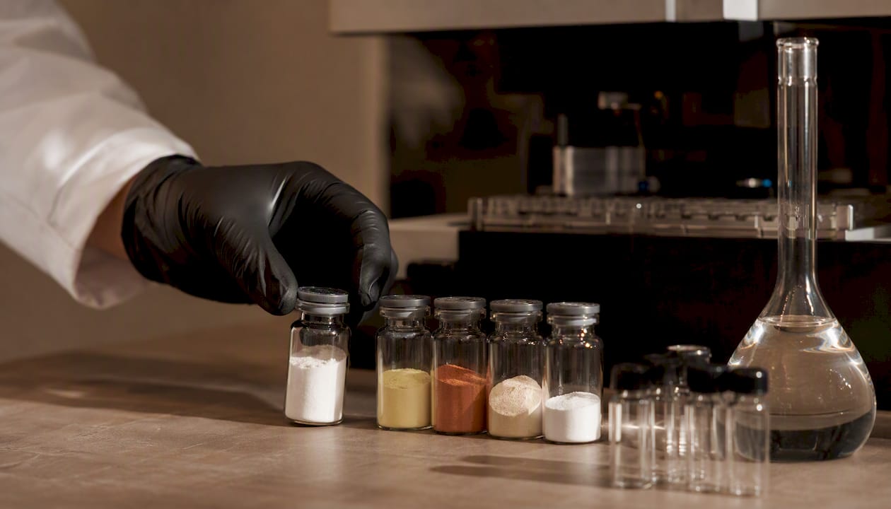 Gloved hand picking up acid vial on lab bench