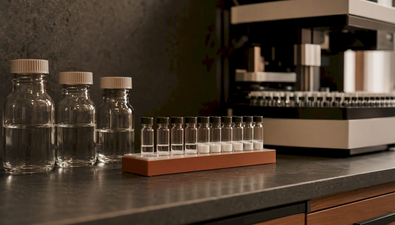 HPLC solvents and vials on lab bench