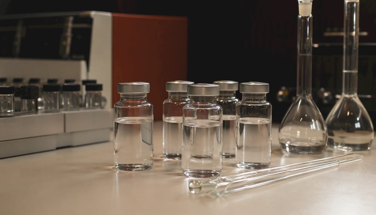 Glass vials with peptide coupling reagents on lab benchtop