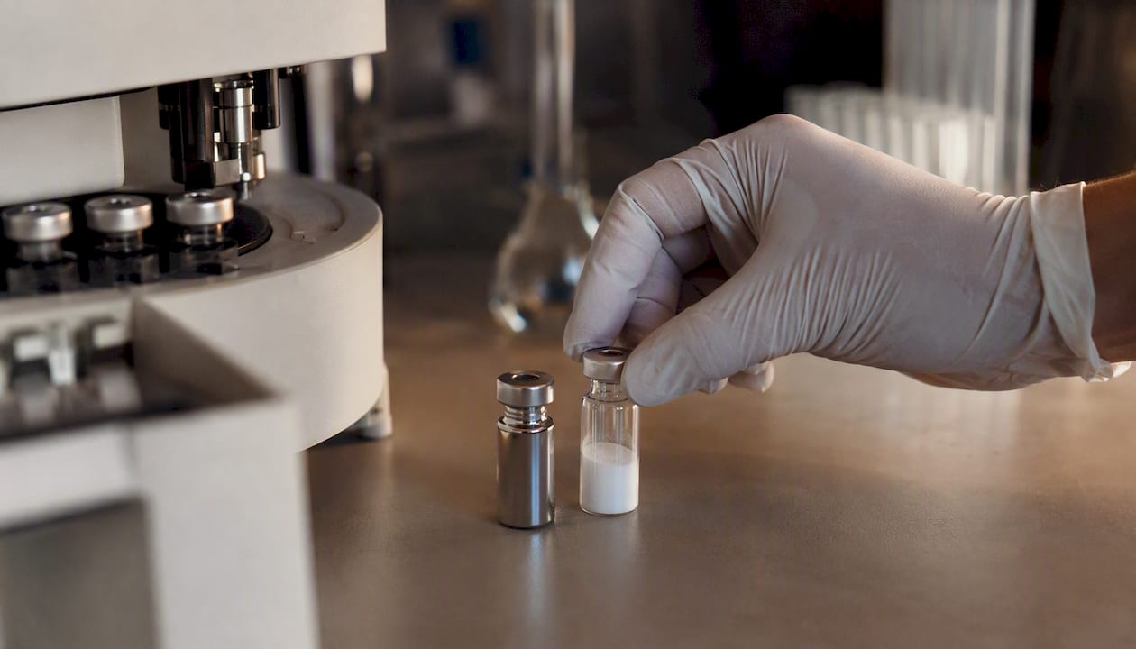 Gloved hand placing peptide vial for mass spectrometry prep